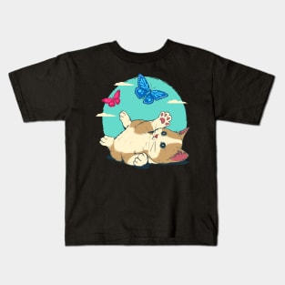 Cute Cat Playing With Butterfly Blue Sky Kids T-Shirt